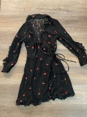 The Kooples Black Lace Wrap for over a Dress with Red Cherry Embroidery